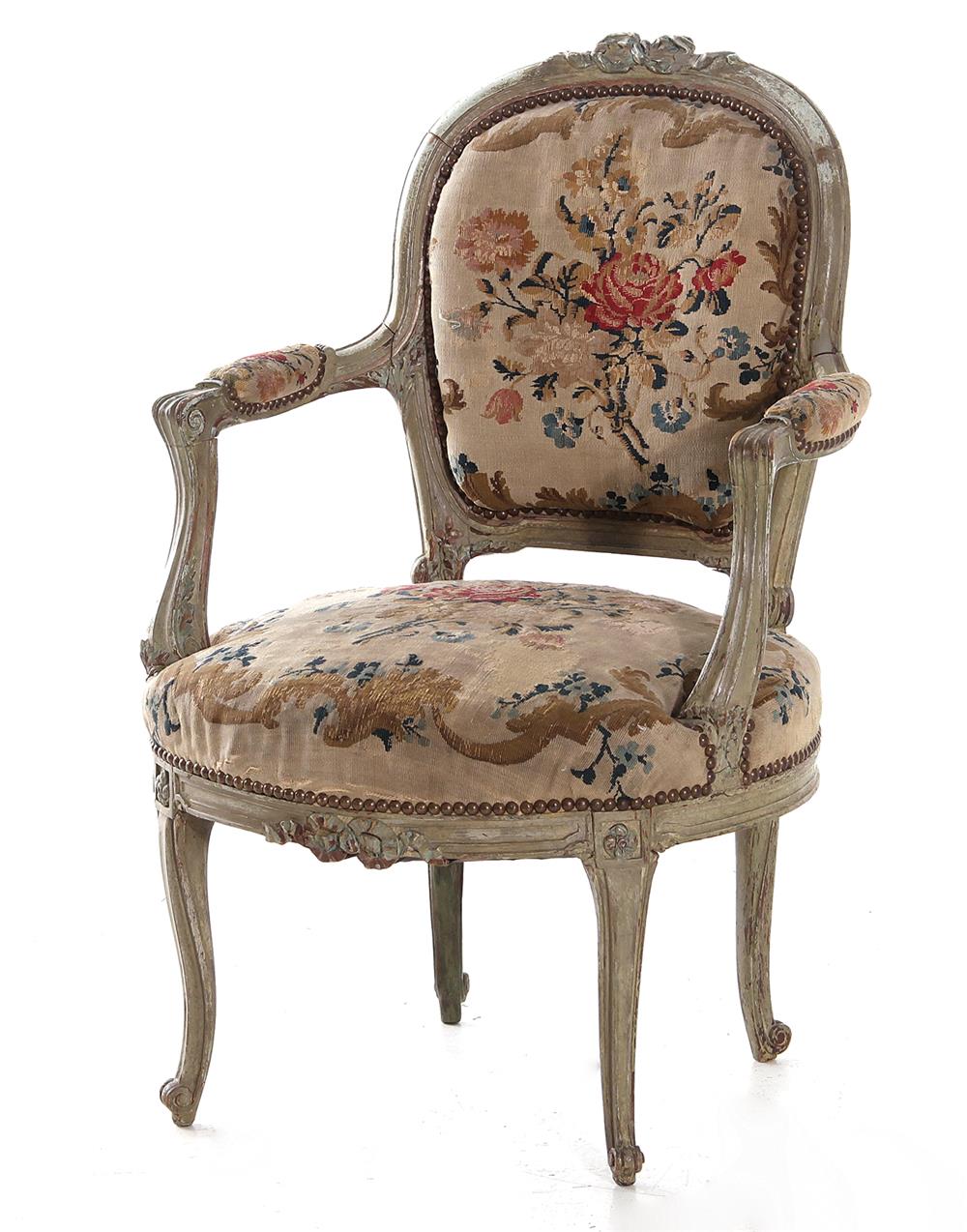 Appraisal: Louis XV style painted carved beech fauteuil late th century