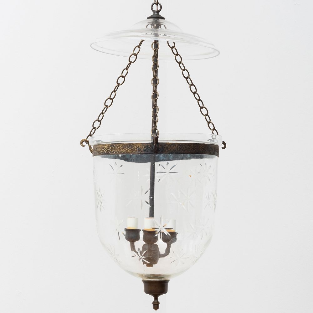 Appraisal: Glit-Metal-Mounted Cut Glass Three-Light Hundi Lantern x in diam Condition