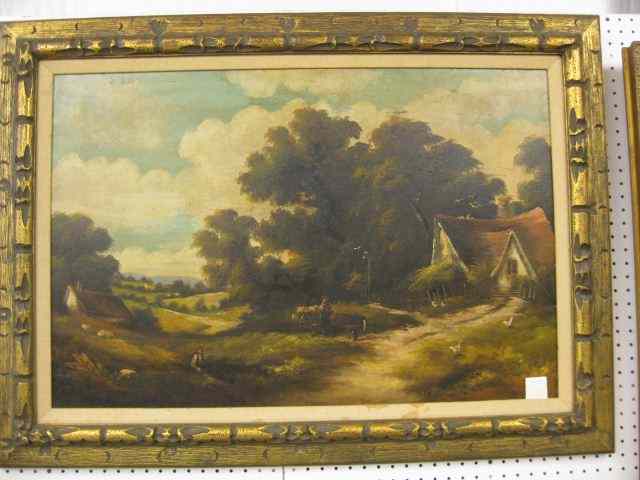 Appraisal: Oil on Canvas European countryside with farmers and animals image