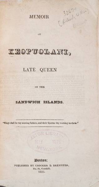 Appraisal: KEOPUOLANI RICHARDS WILLIAM Memoir of Keopuolani Late Queen of the