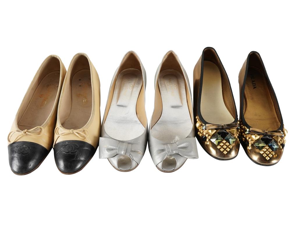 Appraisal: THREE PAIRS OF DESIGNER BALLET FLATScomprising Chanel Valentino and Prada