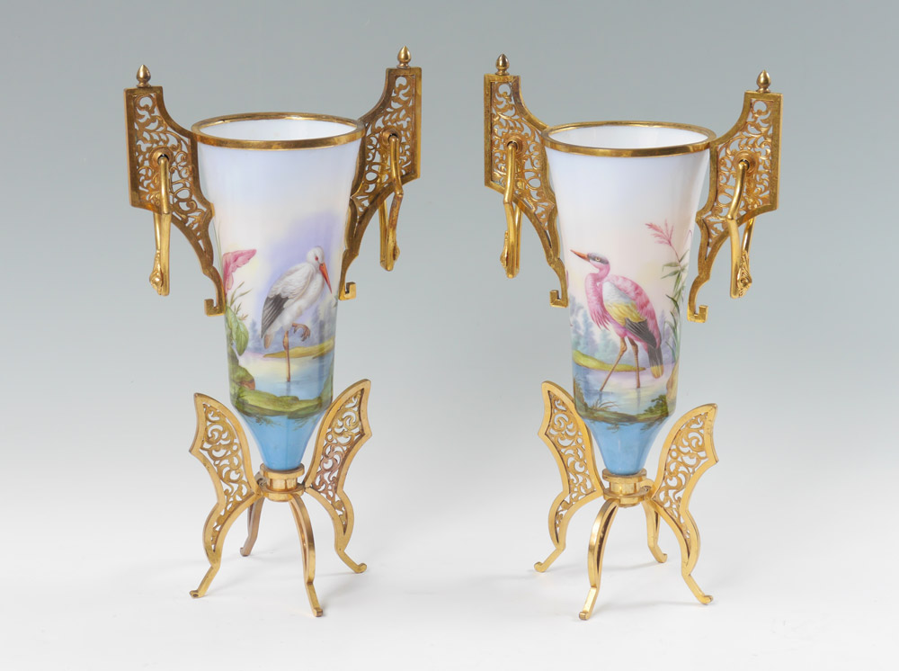 Appraisal: PAIR GILT METAL MOUNTED HAND PAINTED VICTORIAN ART GLASS BIRD