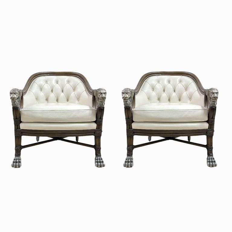 Appraisal: Pair of Maitland Smith Lion Arm Chairs White leather Silvered