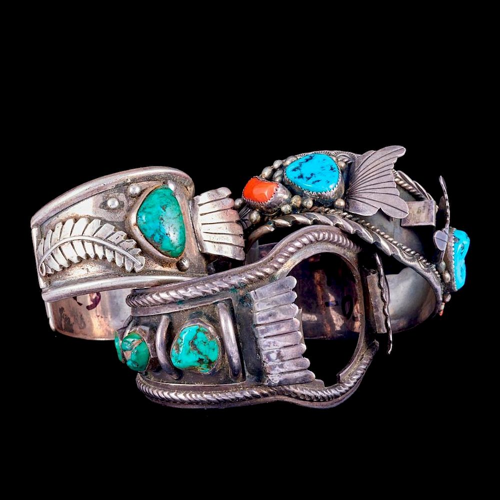 Appraisal: NAVAJO WATCH CUFF BRACELETS Three Old Pawn Southwest turquoise silver