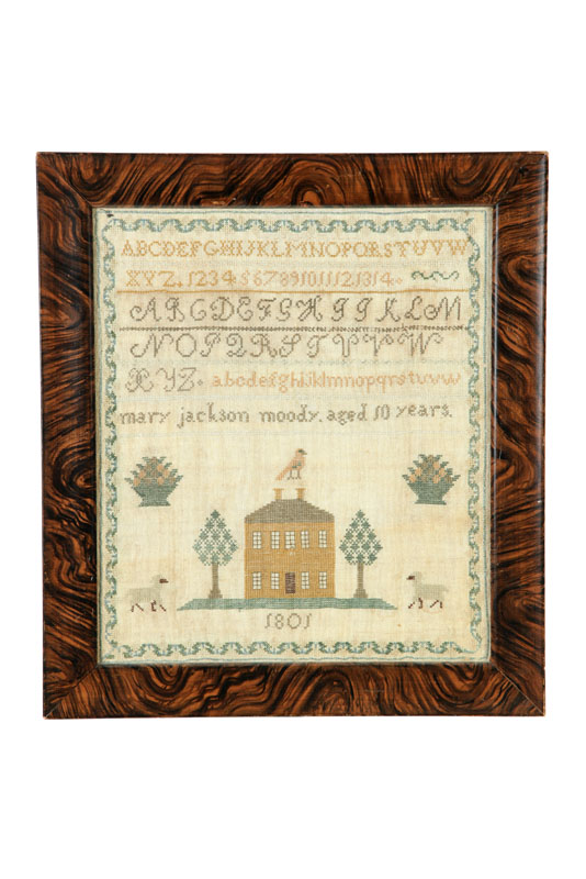 Appraisal: AMERICAN SAMPLER Mary Jackson Moody silk on linen Double chimney