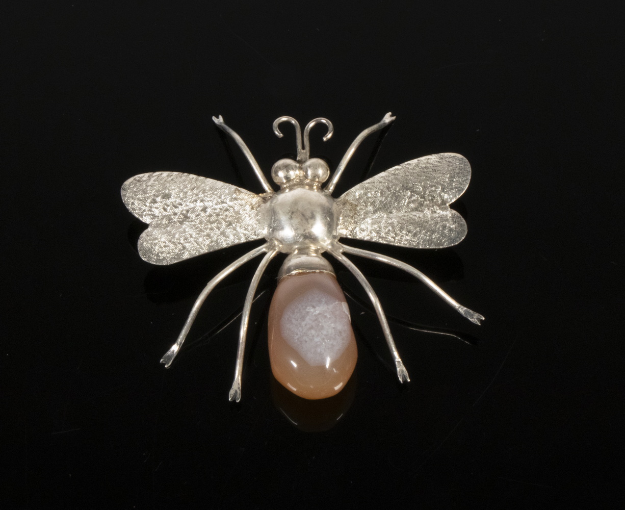 Appraisal: SILVER AGATE INSECT FORM BROOCH Vintage Sterling Silver and Agate