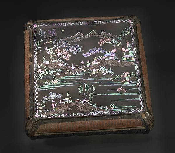 Appraisal: A polychrome lacquer box with mother-of-pearl inlay th th Century