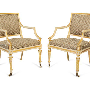 Appraisal: A Pair of Regency Painted and Parcel Gilt Open Armchairs