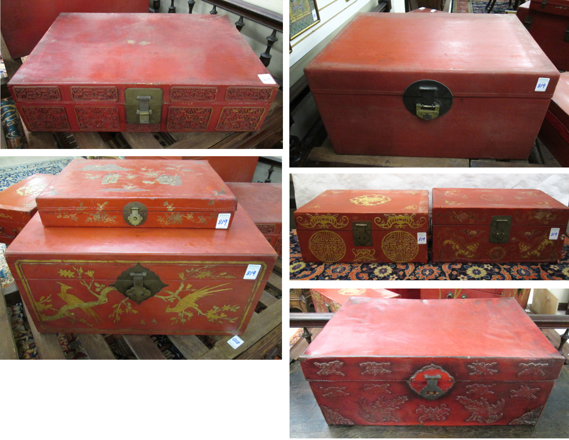 Appraisal: SEVEN CHINESE RED LEATHER TRAVEL TRUNKS AND CASES all rectangular