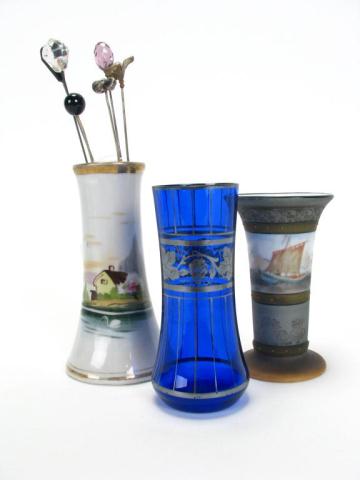 Appraisal: Three hat pin vases including one cobalt with sterling overlay