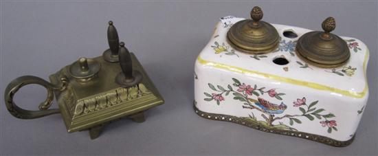 Appraisal: TWO ANTIQUE INKSTANDS One footed bronze with handle x and