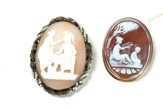 Appraisal: TWO CAMEO BROOCHES Nineteenth century Classical scene of seated warrior