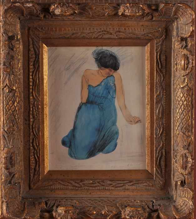 Appraisal: EUROPEAN SCHOOL GIRL IN BLUE DRESS Pencil and watercolor drawing