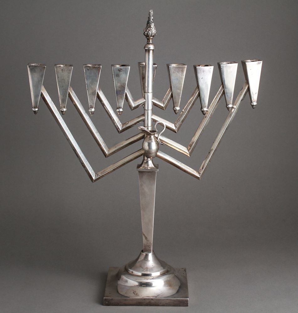 Appraisal: Judaica Mid-Century Silver Menorah Hanukkiah Judaica Mid-Century Modern sterling silver