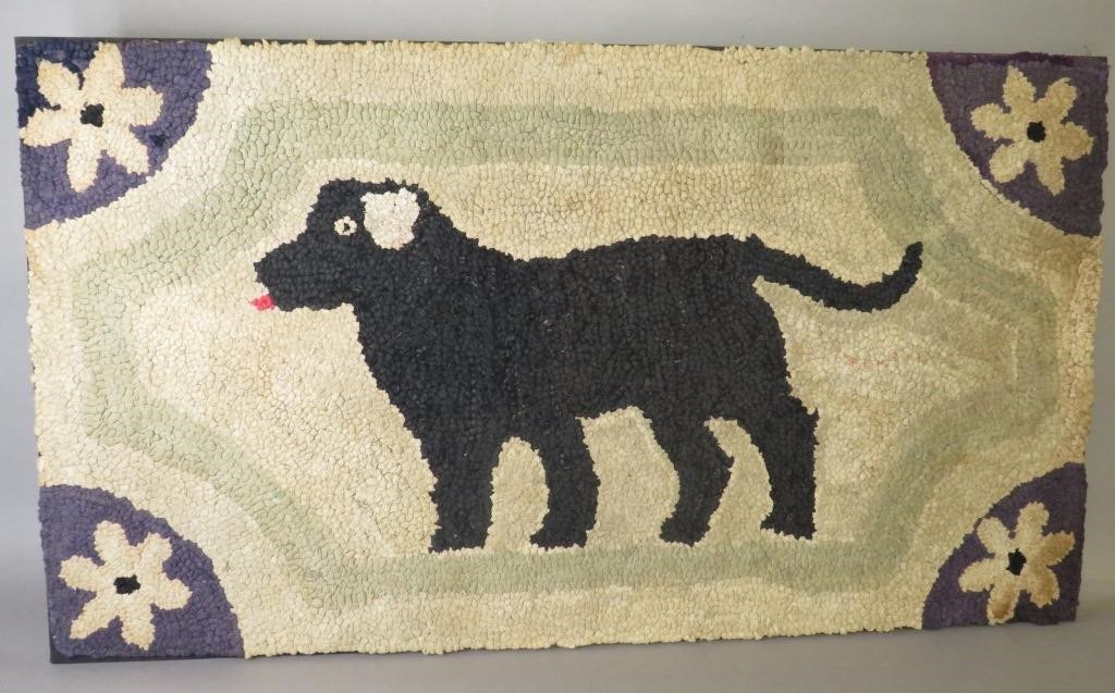 Appraisal: AMISH COMMUNITY BLACK DOG PATTERN HOOKED RUGca - fine folk