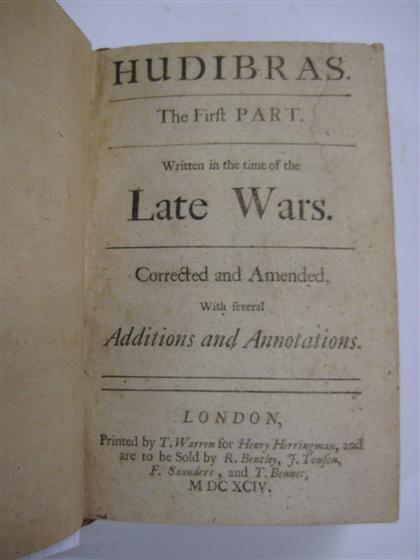 Appraisal: vol Butler Samuel Hudibras London parts in vol vo modern