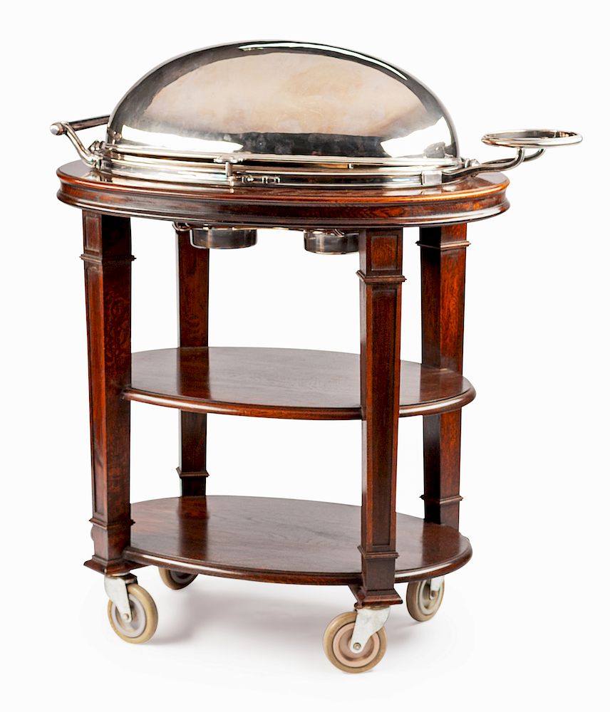 Appraisal: A Silver-Plate and Mahogany Roast Cart A Silver-Plate and Mahogany