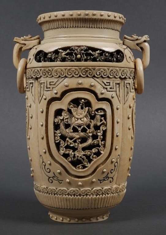 Appraisal: Early th century Chinese ivory vase decorated with carved dragons