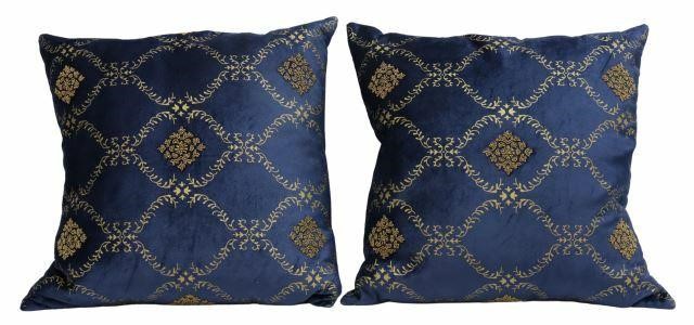 Appraisal: pair Designer Lili Alessandra pillows blue velvet with gilt foliate