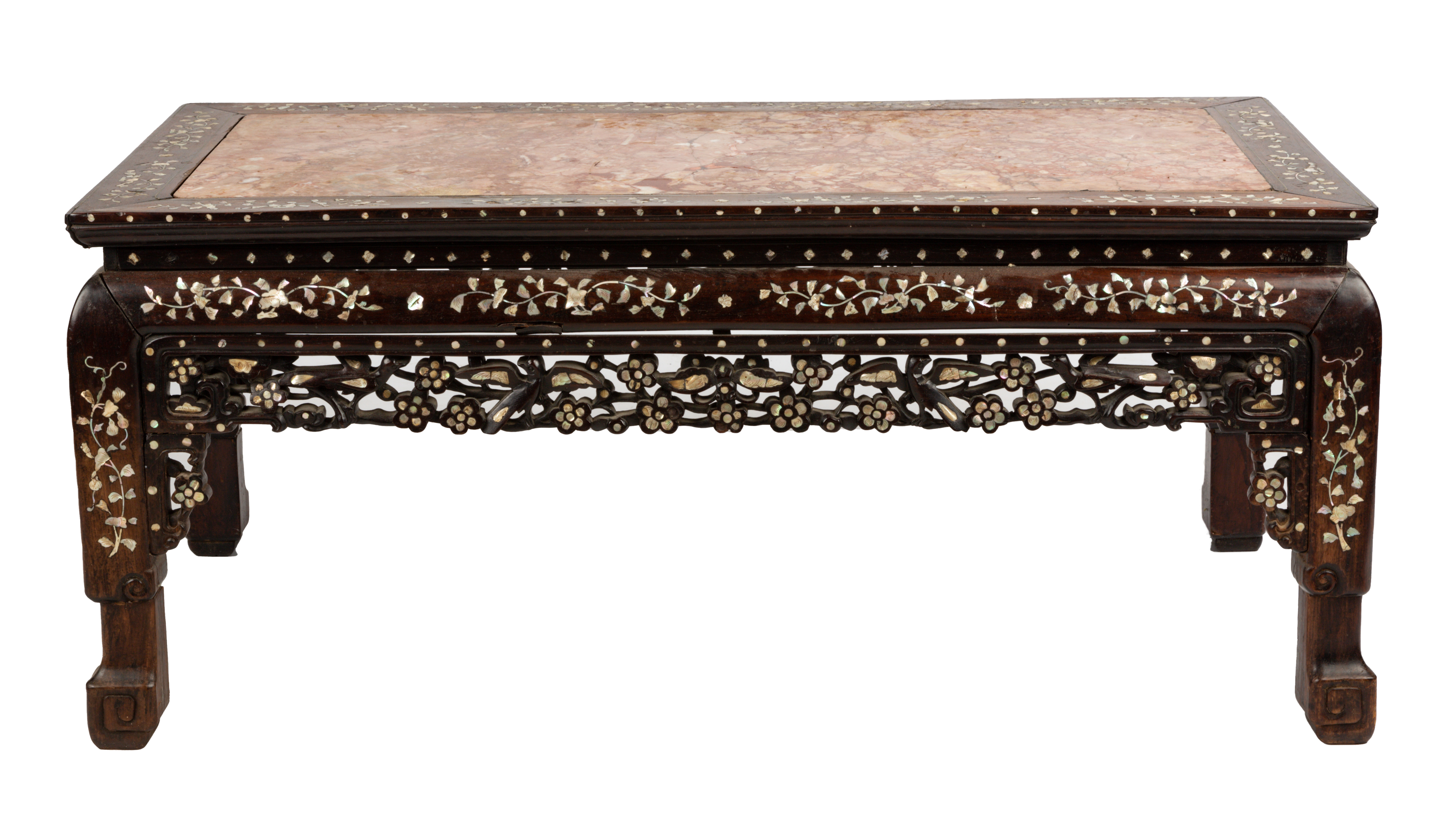 Appraisal: CHINESE HARDWOOD LOW TABLE Pierce carved with mother of pearl