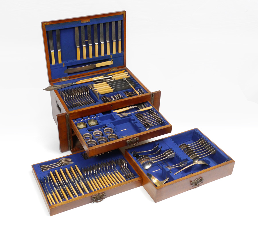 Appraisal: ENGLISH SILVERWARE FLATWARE IN PRESENTATION BOX Nearly complete set service