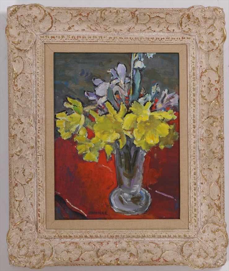 Appraisal: CLARENCE HINKLE - JONQUILS ON RED TABLE Oil on panel