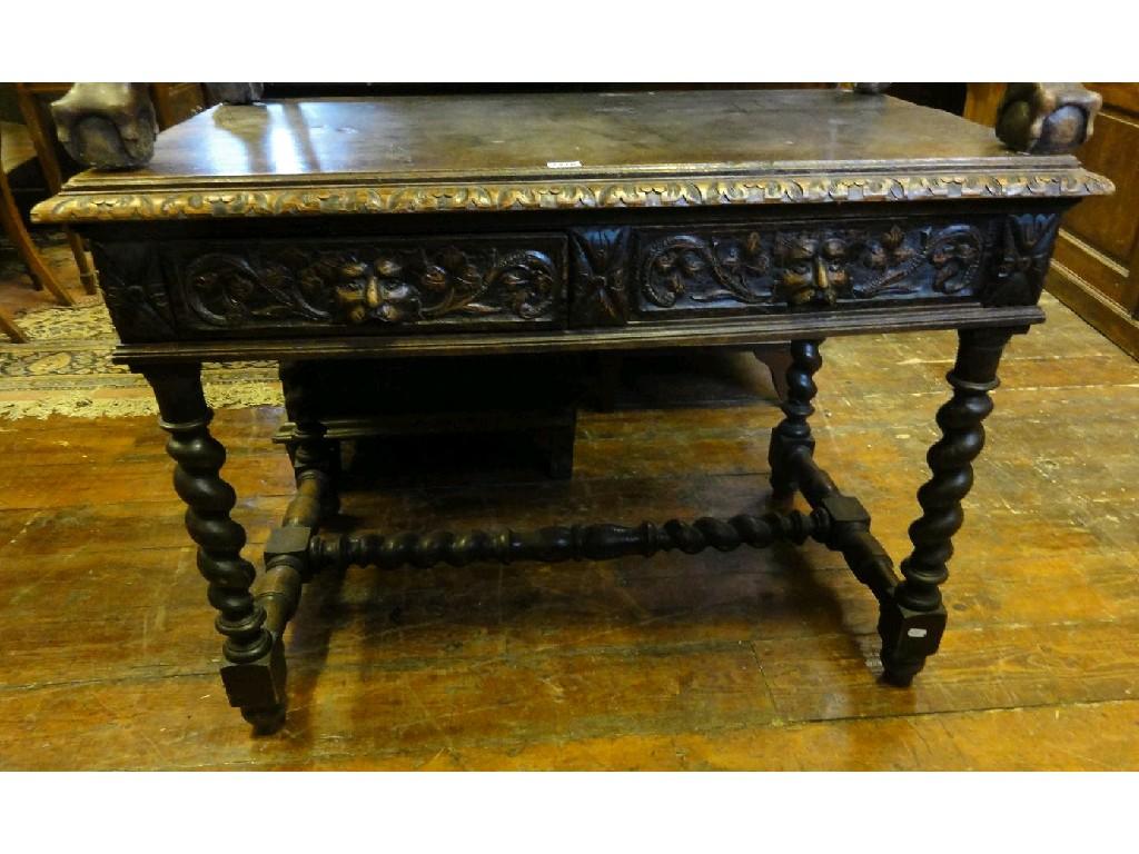 Appraisal: A Victorian oak side table fitted with two frieze drawers