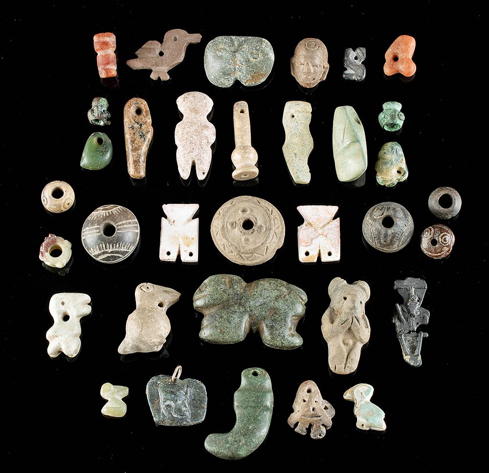 Appraisal: Pre-Columbian Stone Pottery Shell Amulets Beads Pre-Columbian Mexico Columbia Ecuador