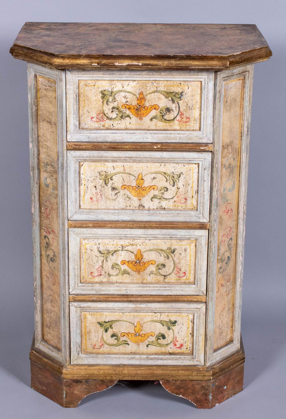 Appraisal: ITALIAN BAROQUE STYLE POLYCHROME PAINTED CHEST OF DRAWERS the chamfered