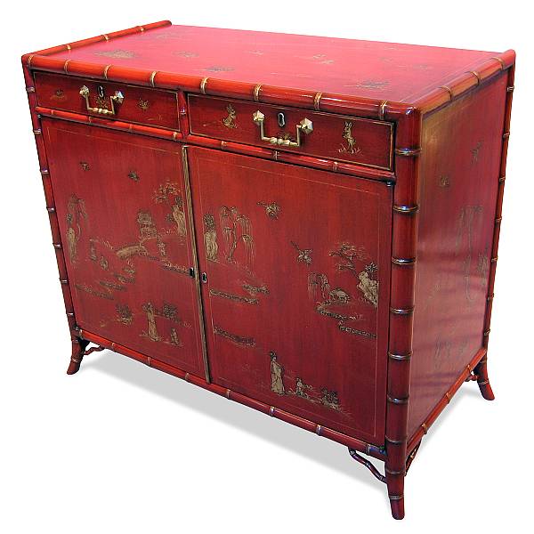 Appraisal: A George III style inlaid scarlet lacquered side cabinet The