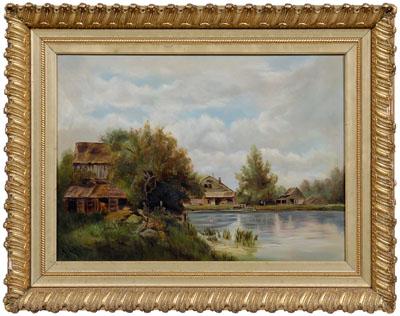 Appraisal: American School painting landscape with farm buildings and lake signed