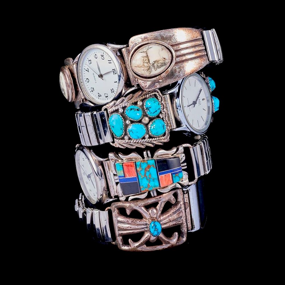 Appraisal: NAVAJO WATCH BANDS Four Vintage old pawn Southwest turquoise hard