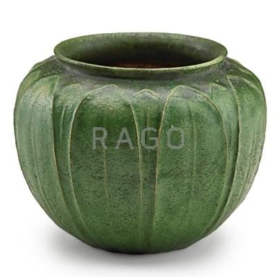 Appraisal: GRUEBY Vessel with leaves matte-green glaze Boston MA ca Circular