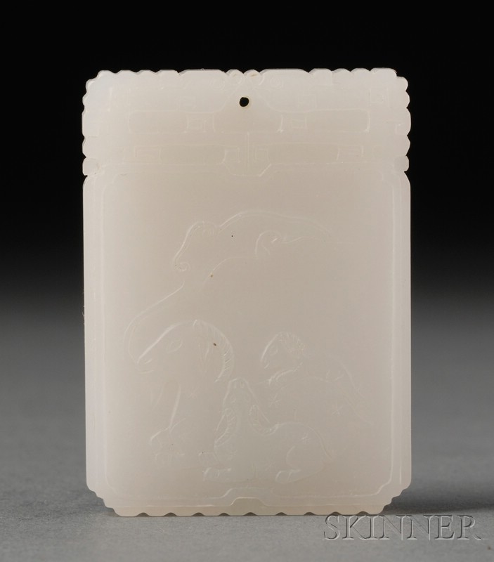 Appraisal: White Jade Pendant th century rectangular form surface carved with