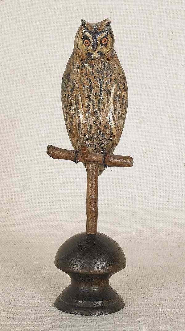 Appraisal: Carved and painted owl on a perch late th c