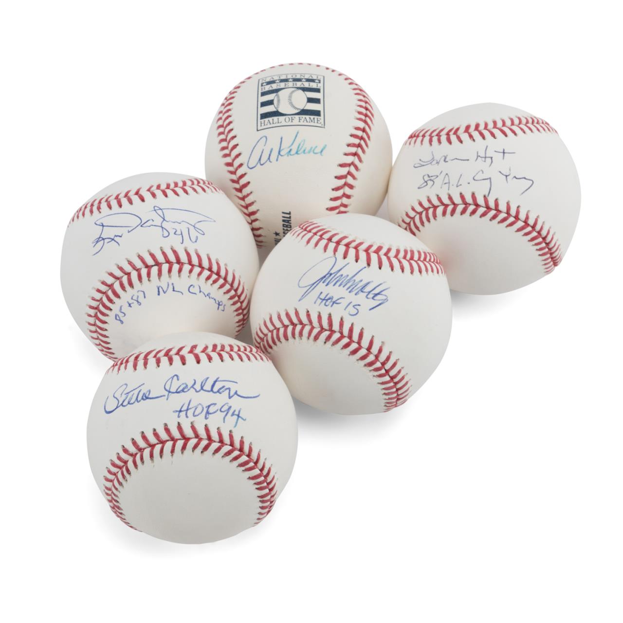 Appraisal: AUTOGRAPHED BASEBALLS INCLUDING CARLTON Grouping of five autographed baseballs including