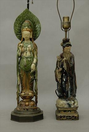 Appraisal: Two Chinese Glazed Pottery Figures Mounted as Lamps Figures in