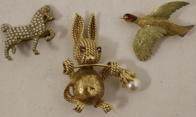 Appraisal: GOLD FIGURAL PINS TO INCLUDE A BUNNY PINWITH RUBY EYES