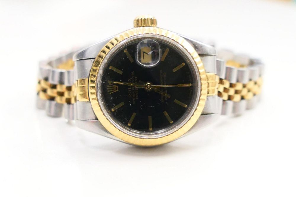 Appraisal: ROLEX LADIES TONE OYSTER PERPETUAL BLACK DIAL Genuine Rolex Ladies