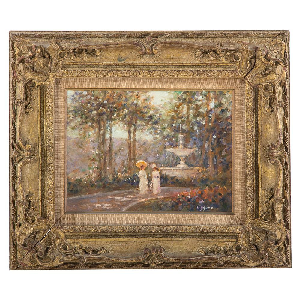 Appraisal: E J Cygne Ladies in a Park oil on canvas