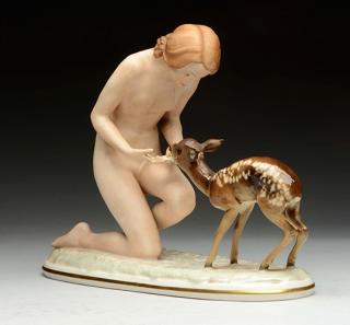 Appraisal: Nude Lady Feeding Fawn Signed and paper label for Hulschreuther