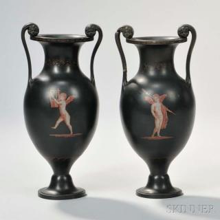 Appraisal: Pair of Encaustic Decorated Black Basalt Vases England early th