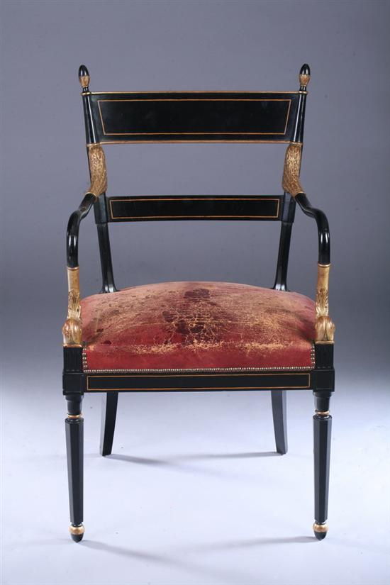 Appraisal: REGENCY STYLE EBONIZED ARM CHAIR th century with gilt enrichments