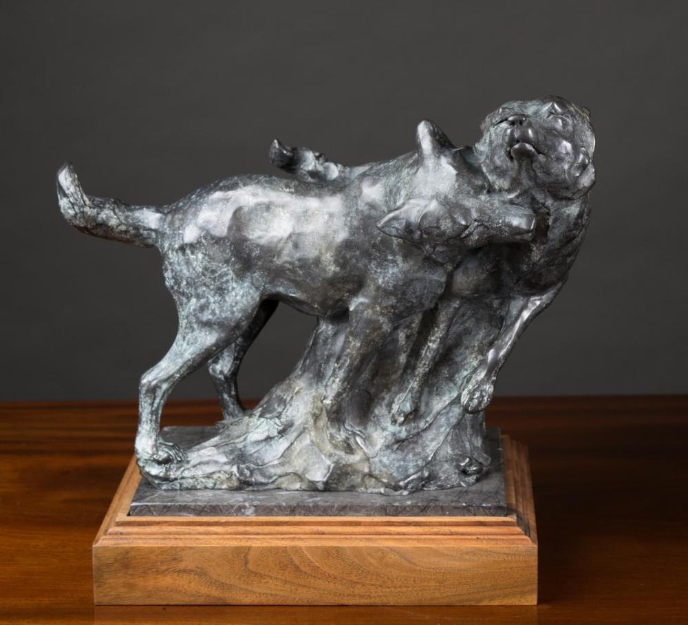 Appraisal: SHERRY S SANDER Montana born bronze sculpture Friendly Persuasion playful