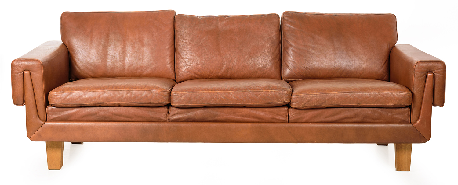 Appraisal: ILLUM WIKKELSON THREE SEAT SOFA Tan leather oak legs Denmark