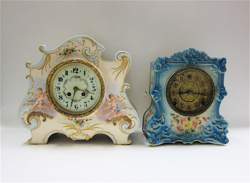 Appraisal: TWO CHINA CASE MANTEL CLOCKS French time strike with Samuel