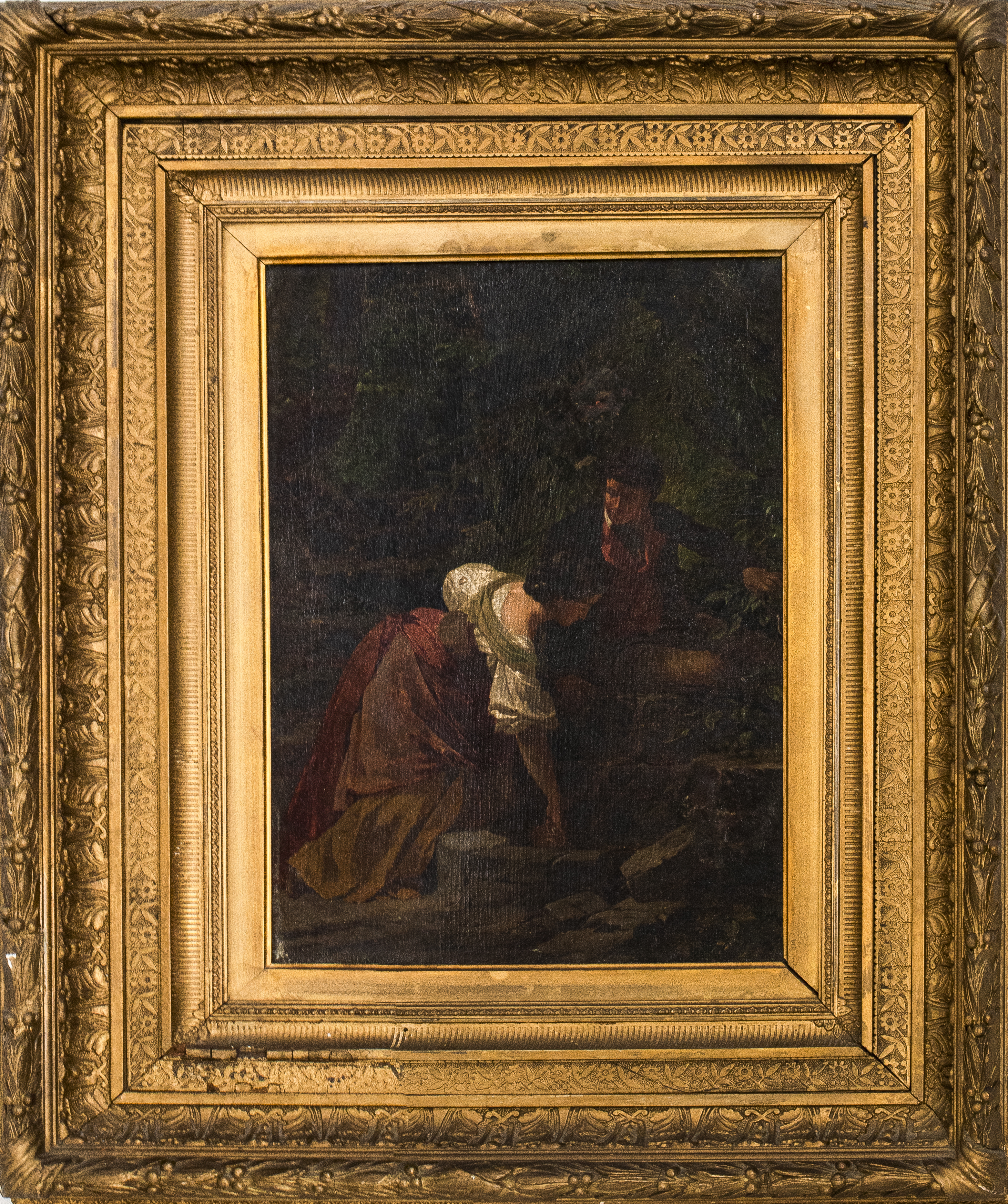 Appraisal: CONTINENTAL ROMANTICIST 'COUPLE AT A WELL' OIL Continental Romanticist 'Couple