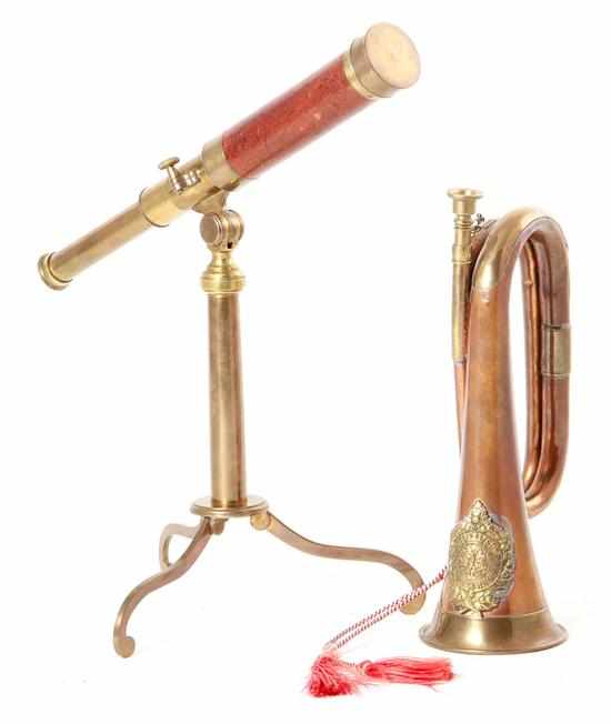 Appraisal: English tabletop telescope by Tulley Sons and Scottish military bugle