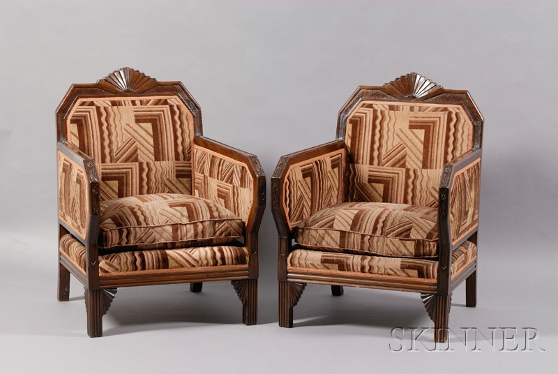 Appraisal: Pair of Continental Art Deco Mahogany Club Chairs c back