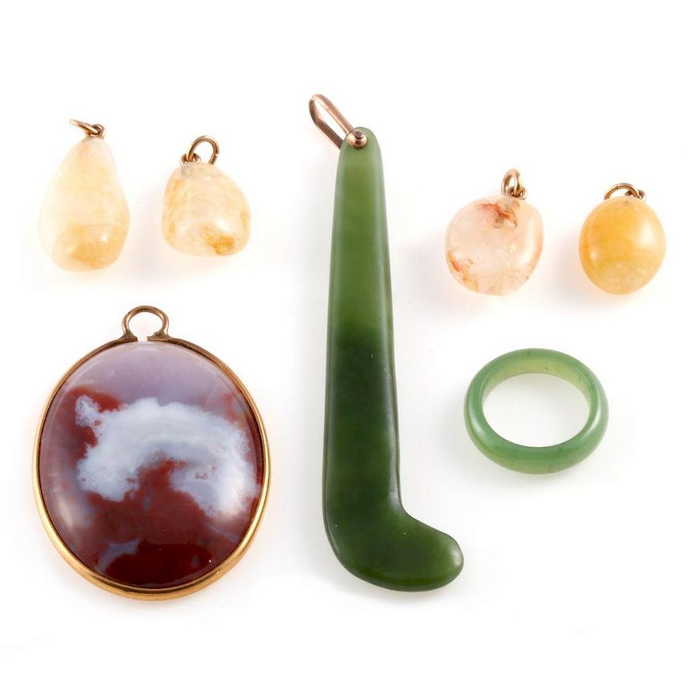 Appraisal: Collection of hardstone and gold jewelry Comprising pendants and one